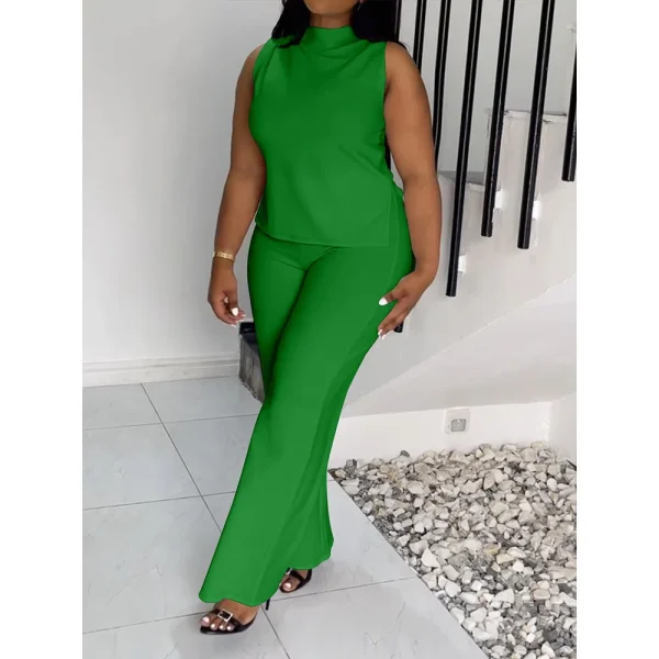 2025 Summer New Plus Size Women's Casual Sleeveless Long Pants Set Solid Color Daily Wear Worsted Fabric Digital Printing - Image 3