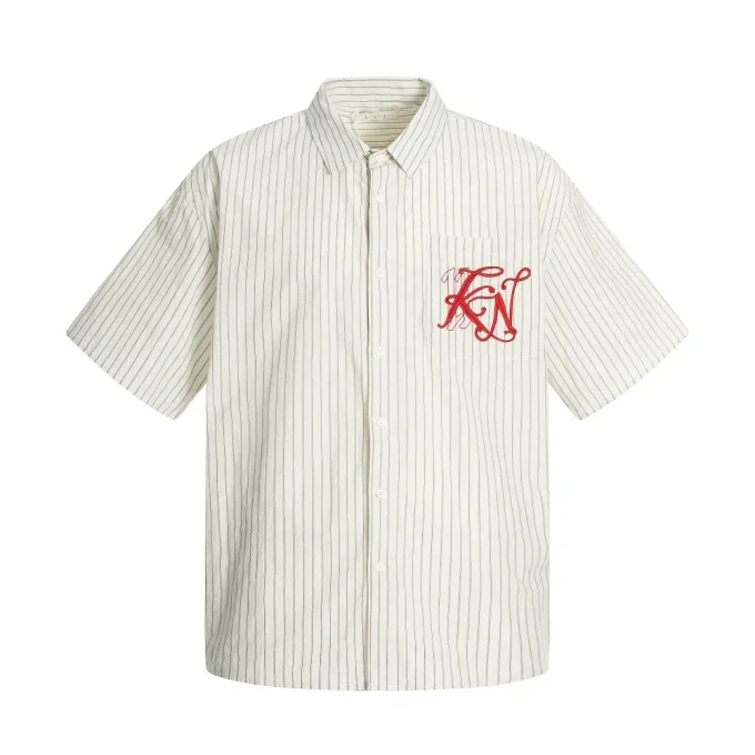 American Style Trendy Vertical Striped Embroidered Letter Men's 100% Cotton Short Sleeve Shirt Turn-down Collar Pocket Loose