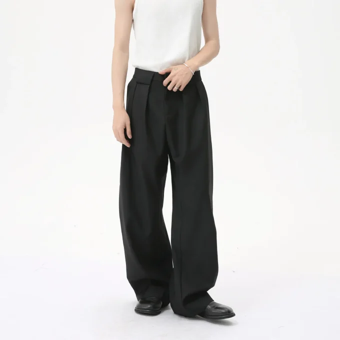 2025 Men's Fashion Solid Color 3D Tailored Korean Style Pleated Straight Wide-Leg Casual Floor-Length Zipper Fly Plain Dyed