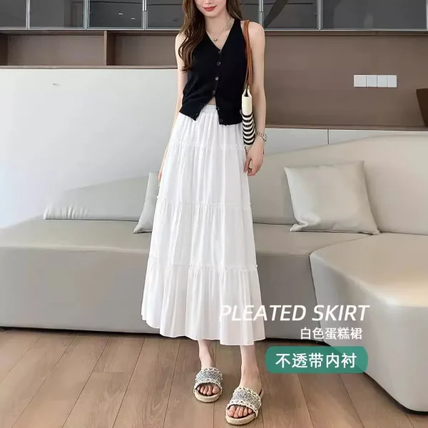 Women's White A-Line Mid-Length Skirt High-Waisted Slimming Look