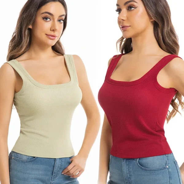 European American Women's Wide Shoulder Square Neck Tank Tops Solid Color Outerwear Beautiful Back Plus Size Ribbed Vest Fixed