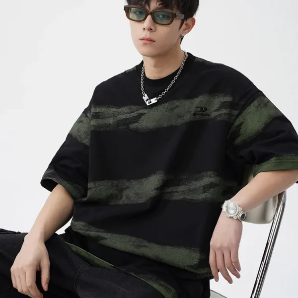 Men's Tie-Dyed Cotton T-Shirt Japanese Retro Style New Fashionable Embroidered Striped Design Summer Half-Sleeved T-Shirt