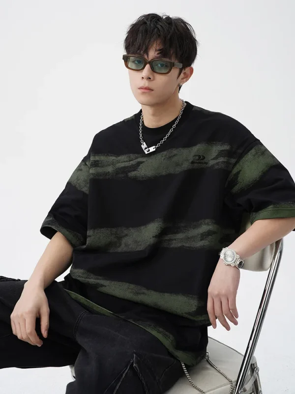 Men's Tie-Dyed Cotton T-Shirt Japanese Retro Style New Fashionable Embroidered Striped Design Summer Half-Sleeved T-Shirt - Image 6