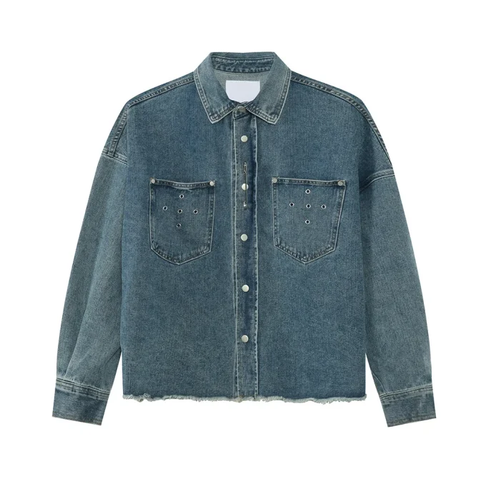 Men's Trendy Denim Jacket New American Retro Punk Metal Decor Frayed Hem Casual Style Front Rabbit XS for Spring - Image 6