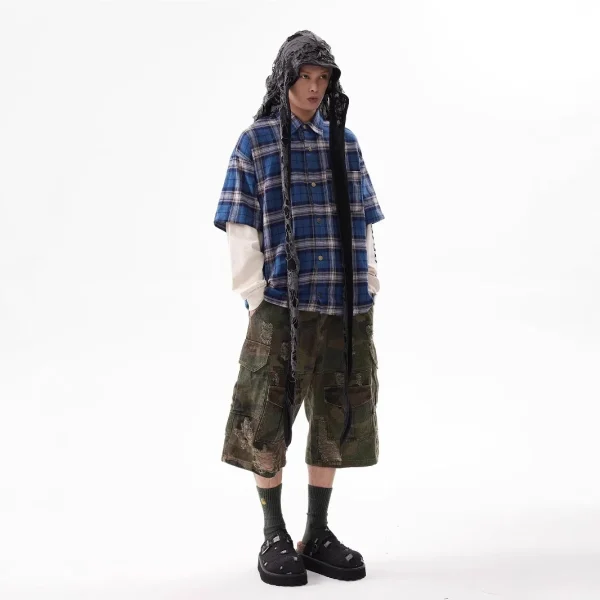 2025 American Retro Cropped Men's Denim Pants Washed Distressed Camouflage Casual Loose Wide-Leg Ripped Summer Mid Straight - Image 4