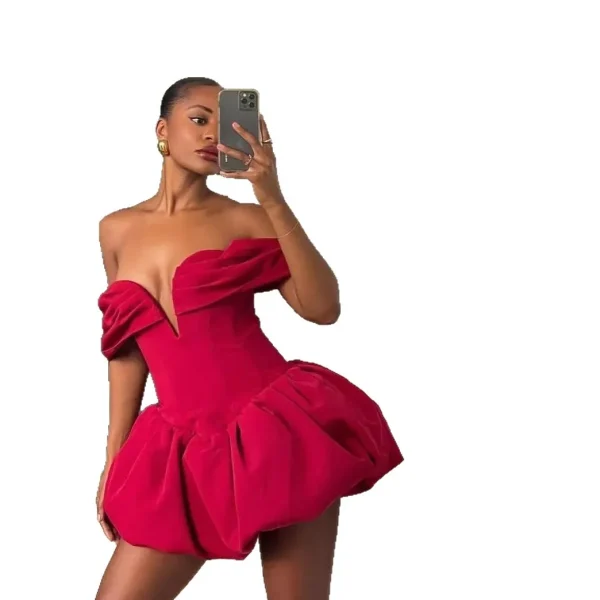 Women's New Fashion  Dress European American Style Deep V Off-Shoulder Slimming Chiffon Natural - Image 5