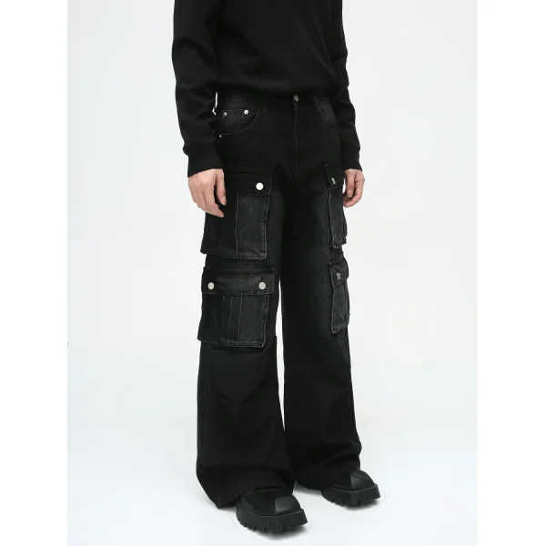 2025 Autumn New Men's Wide Leg Cargo Jeans With Flap Pocket Loose Fit Denim Design Muti-pocket Cargos - Image 3