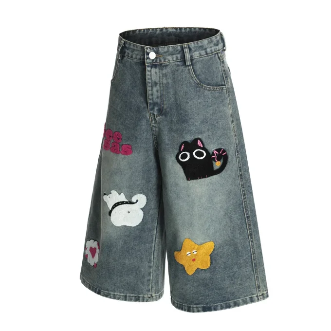 Autumn and Summer New Loose Wide-leg Korean Style Retro Shorts Jeans Men's Size