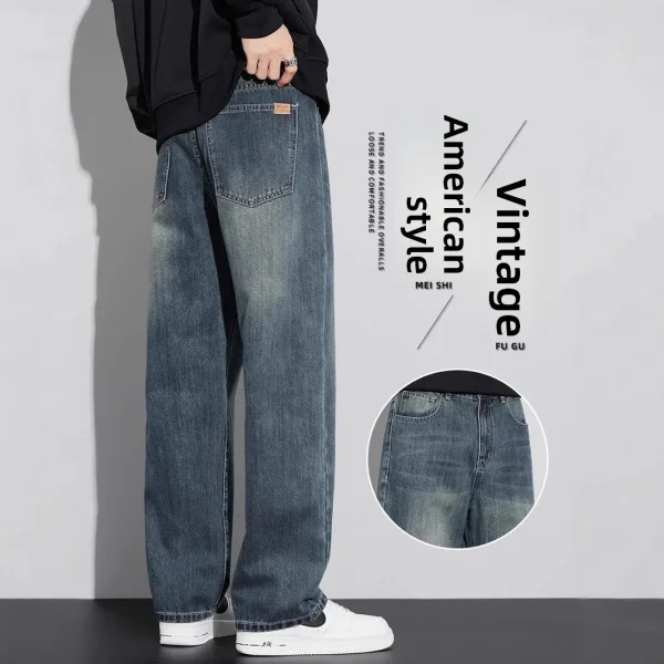 2025 Spring Summer New Fashion Men's American Retro Style Loose Straight Wide-Leg Jeans Casual Denim Long Pants Washed Technics