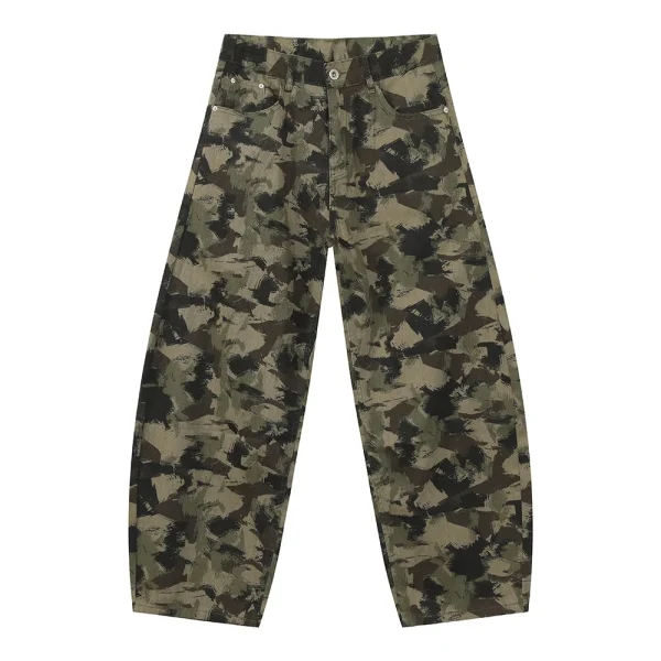 2025 Men's High Quality Camouflage Design Washed Jeans  Wide Leg Mid Waist Straight Style Denim
