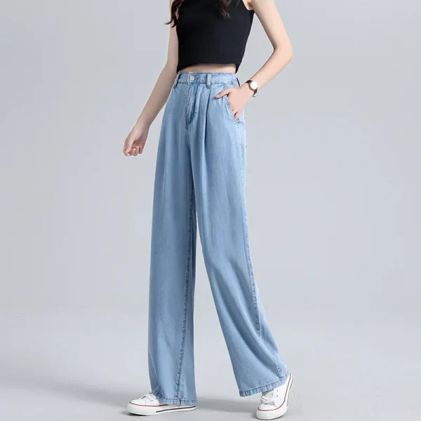 Women's High-Waisted Wide-Leg  Jeans Summer Fashion Thin Draped Style Loose Ice Silk Straight Trousers