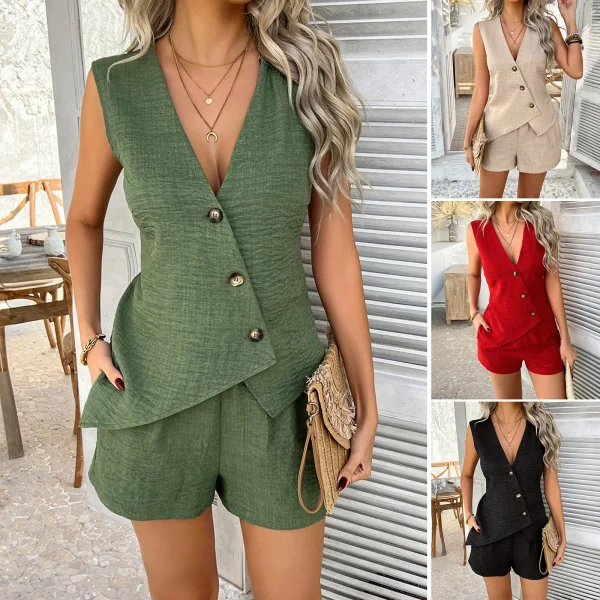 Women's Casual Cardigan Vest Shorts Suit Loose European American Style Pure Color Button