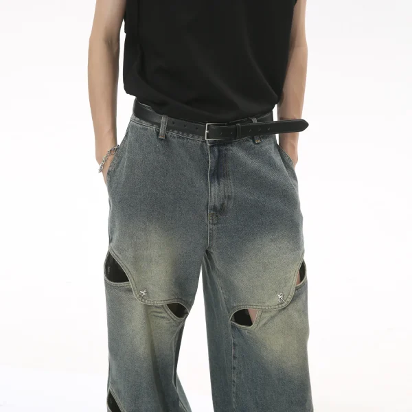 2025 Summer Men's Fashion New Metal Button Heavy Craft Design Jeans Hollow Wide Leg Baggy Jean Denim Fabric Washed Techniques - Image 6