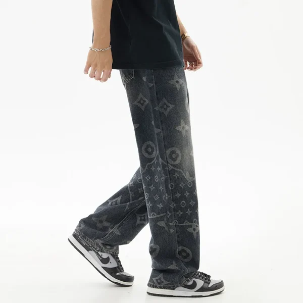 2025 New American Style Men's Jeans Fun Print Fashion High Street Trendy Washed Straight Wide Leg Denim Fabric Pants - Image 4