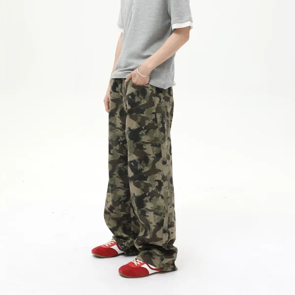 2025 Men's High Quality Camouflage Design Washed Jeans  Wide Leg Mid Waist Straight Style Denim - Image 3