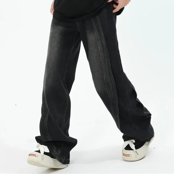 2025 Men's Trendy Straight Pants American High-End Splicing Design Distressed Jeans Denim Loose High Street Wide-Leg Autumn - Image 3