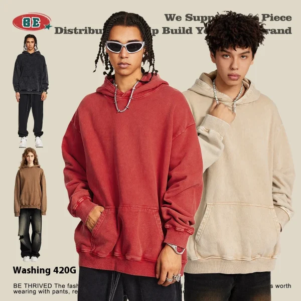 2025 Fall Winter Men's Clothing Fashionable Pullover Sweatshirt Loose Fit American Distressed Wax Dye Heavy Hoodies Washed - Image 4