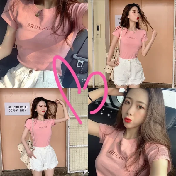Summer New Korean Letter Embroidered Slim Short-Sleeved T-Shirt - Image 3