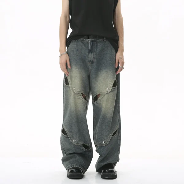 2025 Summer Men's Fashion New Metal Button Heavy Craft Design Jeans Hollow Wide Leg Baggy Jean Denim Fabric Washed Techniques - Image 3