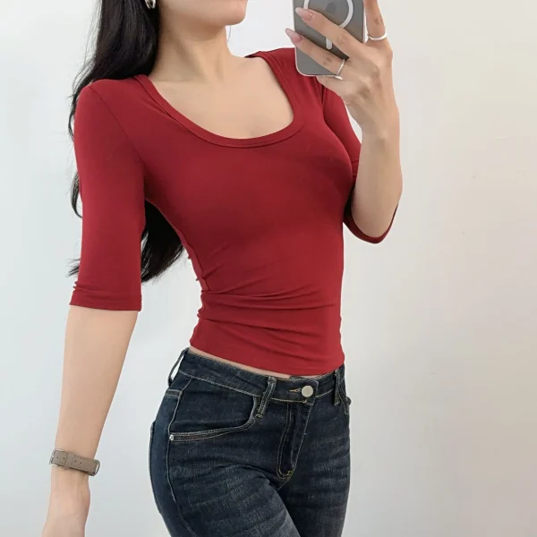 Sexy Low U-Neck Mid-Sleeve T-Shirt Elastic Slim Basic Simple Pure Color