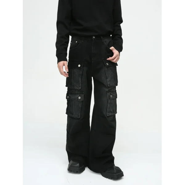 2025 Autumn New Men's Wide Leg Cargo Jeans With Flap Pocket Loose Fit Denim Design Muti-pocket Cargos - Image 4