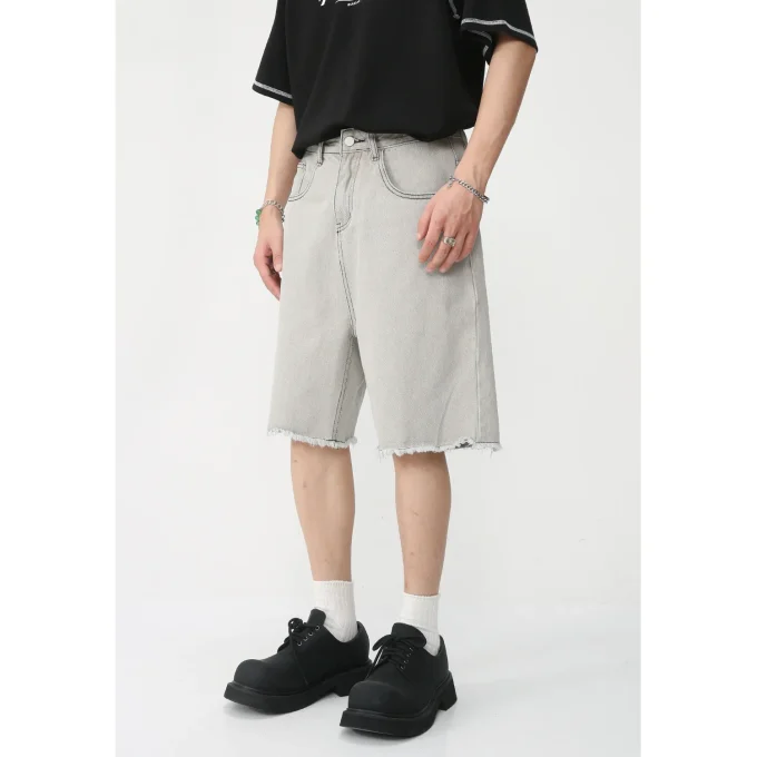 Autumn and Summer New Loose Wide-leg Korean Style Retro Shorts Jeans Men's Size - Image 3