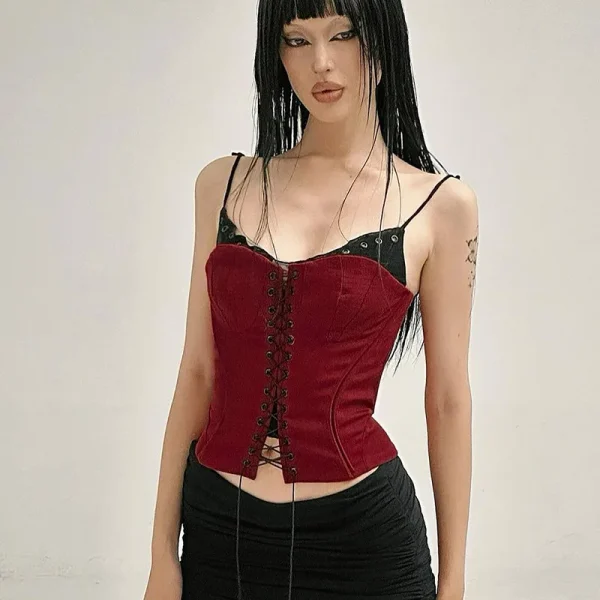 Contrast Color Splicing  Small Suspender Chest Straps Irregular Waist Slimming Short Top