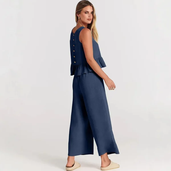 Women's Floral Nine-Point Pants Shorts Set Sleeveless Pleated Vest and Wide Leg Pants Loose Fit Sports Wear Knitting Fabric - Image 4