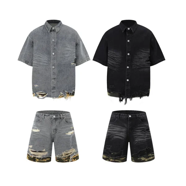 Fashionable Cut-Edge Stitching Leopard Print Japanese Style Denim Shirt and Shorts Sets Men's Casual  Half-Sleeved Clothing Suit - Image 2