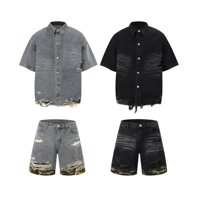 Fashionable Cut-Edge Stitching Leopard Print Japanese Style Denim Shirt and Shorts Sets Men's Casual Half-Sleeved Clothing Suit