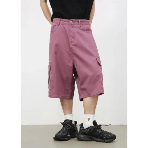 Cowboy Casual Shorts for Men American Vintage Solid Pattern Five-Quarter Cargo Pants Men with Elastic Waist Closure