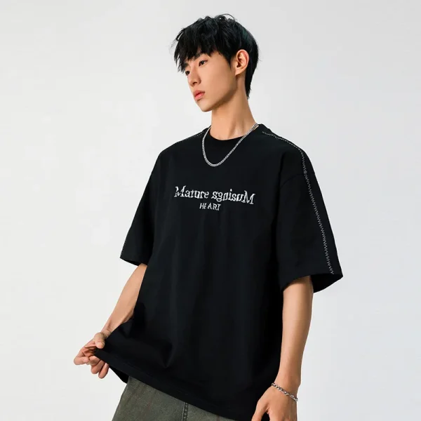 Men's Summer Half Sleeve T-Shirt Solid Pattern Cotton High Street Textured Embroidery Color-Block Stitching Broken Letter Design - Image 3