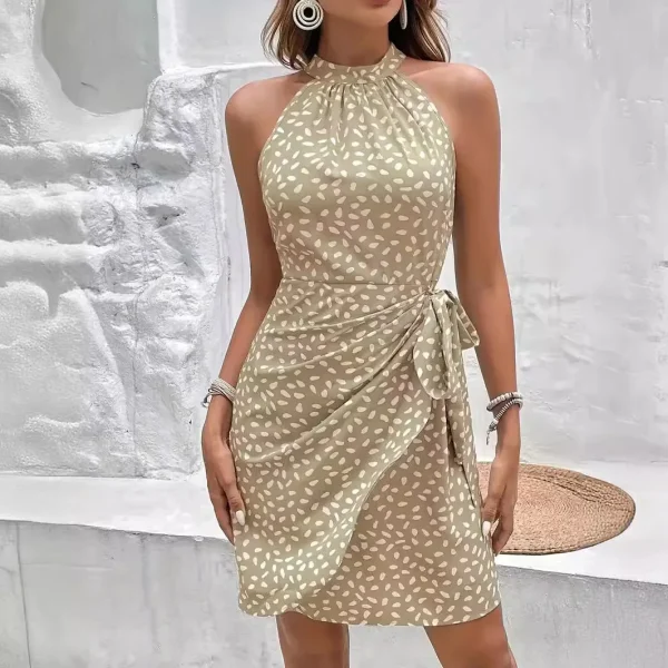 2025 Popular European American Lace-Up Polka Dot Pleated Waist Halter Dress Summer Sleeveless Dress - Image 4