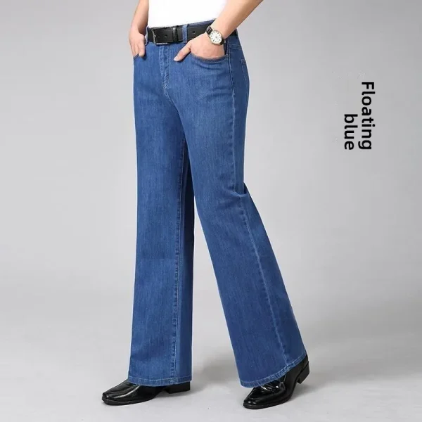 Casual Men's Summer Loose Wide-Leg Pants Big Leg Flared Jeans Mid-Waist Large Straight Bell-Bottom Long Pants Flat Front XL Size