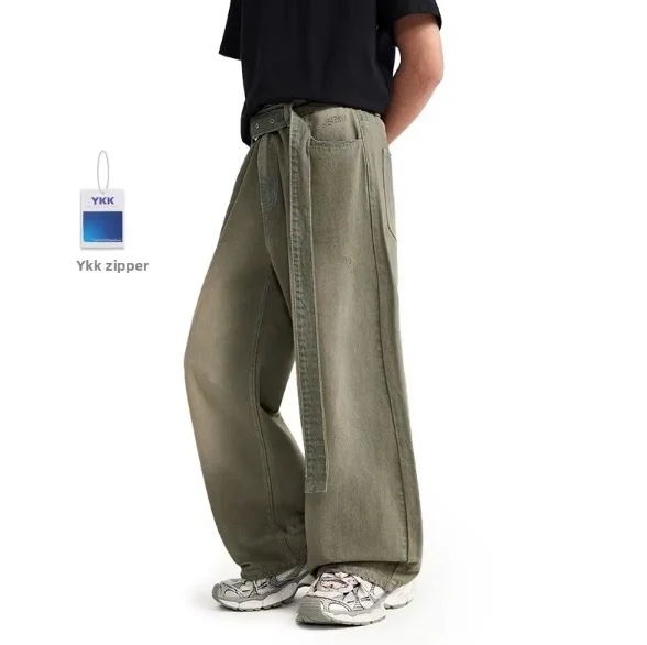 2025 Spring and Summer Trendy Men's Retro Distressed Jeans Inf Clothing New Casual Loose Street Pants with Belt