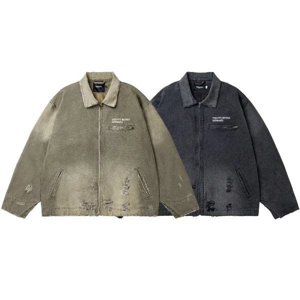Cleanfit Short Distressed Jacket for Men and Women Vintage Style Heavy-Duty Washed Destroyed Coat for Autumn - Image 3