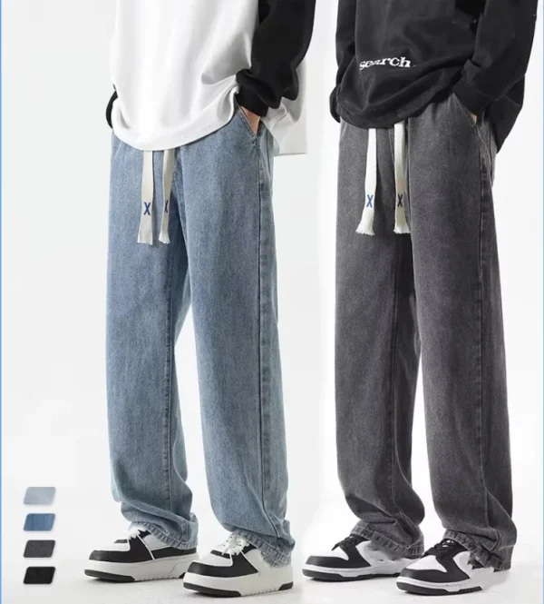 2025 Men's Spring Trendy Jeans Versatile American Retro Long Pants Loose Straight Casual Denim Washed Technique Solid
