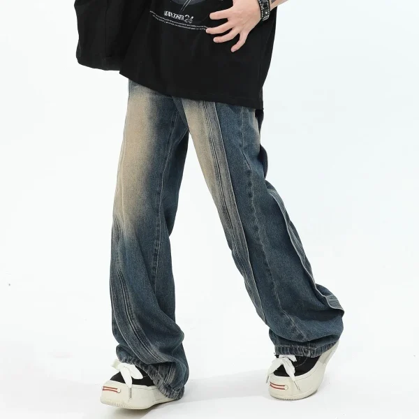 2025 Men's Trendy Straight Pants American High-End Splicing Design Distressed Jeans Denim Loose High Street Wide-Leg Autumn - Image 2