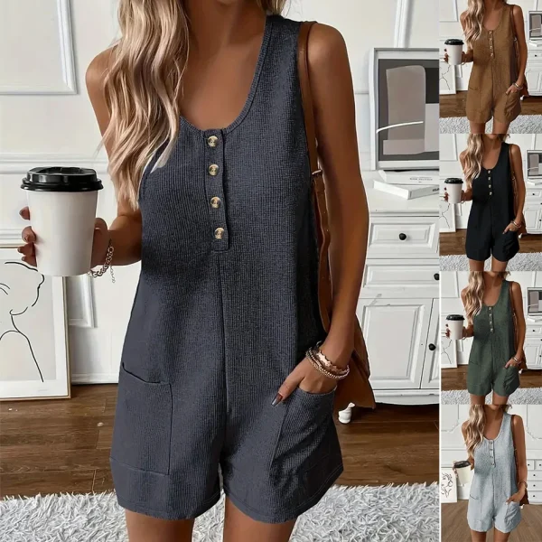 Women's Casual Button Pocket Vest Jumpsuit Hot Women's Dress Set