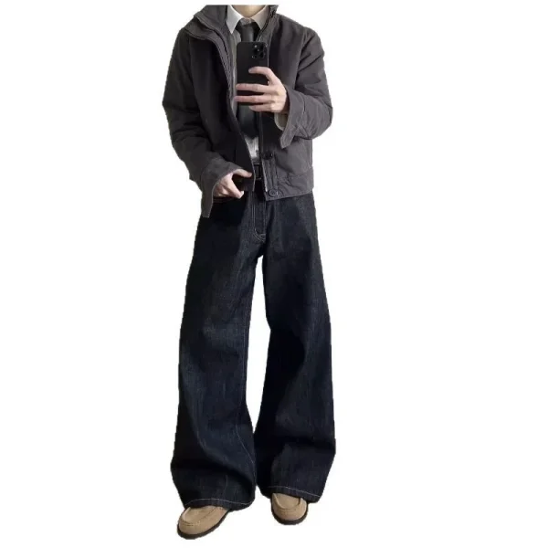 2025 New Style Old Money Black Red Cow Jeans Raw Straight Leg Slightly Flared Wide A-Line Mid Waist Loose Casual A-Line Jeans - Image 4