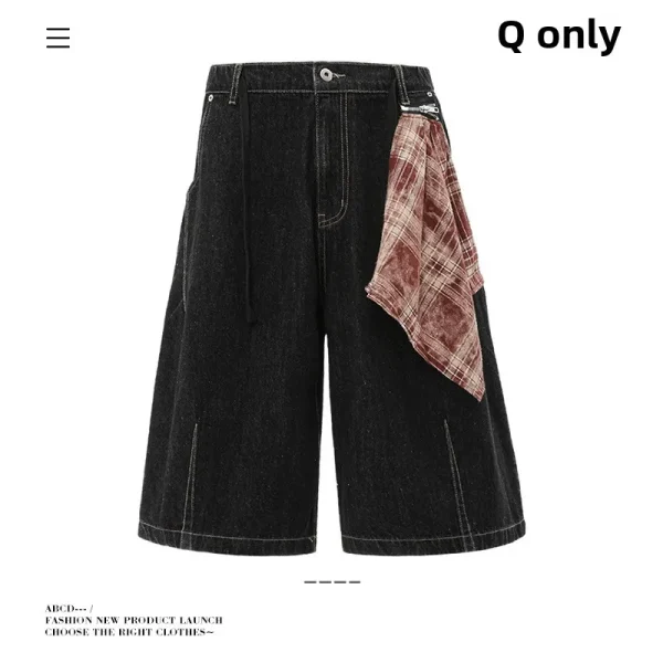 2025 Color-Block Square Scarf Design Denim Shorts Unisex Loose Summer Casual Cropped Pants Straight Breathable - Image 5