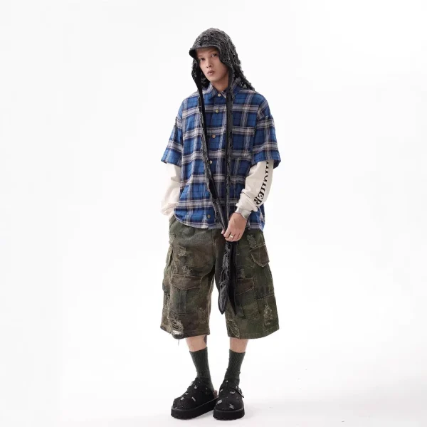 2025 American Retro Cropped Men's Denim Pants Washed Distressed Camouflage Casual Loose Wide-Leg Ripped Summer Mid Straight - Image 3