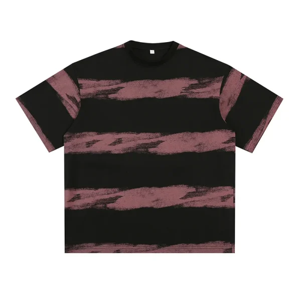 Men's Tie-Dyed Cotton T-Shirt Japanese Retro Style New Fashionable Embroidered Striped Design Summer Half-Sleeved T-Shirt