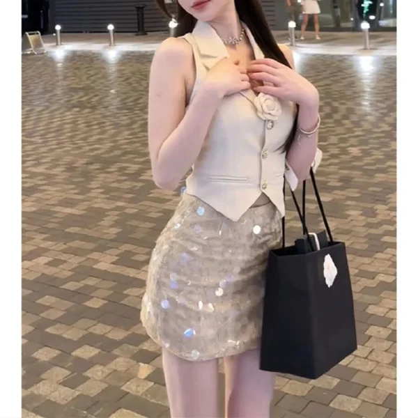 2025 Summer Elegant Sleeveless Top for Women White Small Suit Vest with Sweet Spicy French Style Waterproof Casual Outer Wear - Image 4