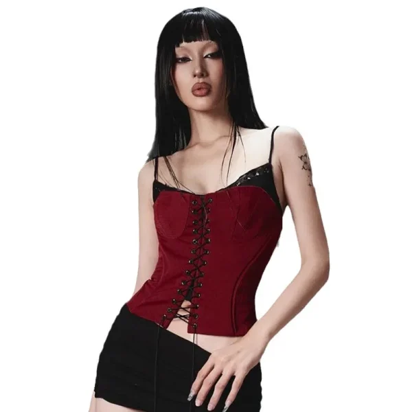 Contrast Color Splicing  Small Suspender Chest Straps Irregular Waist Slimming Short Top - Image 5