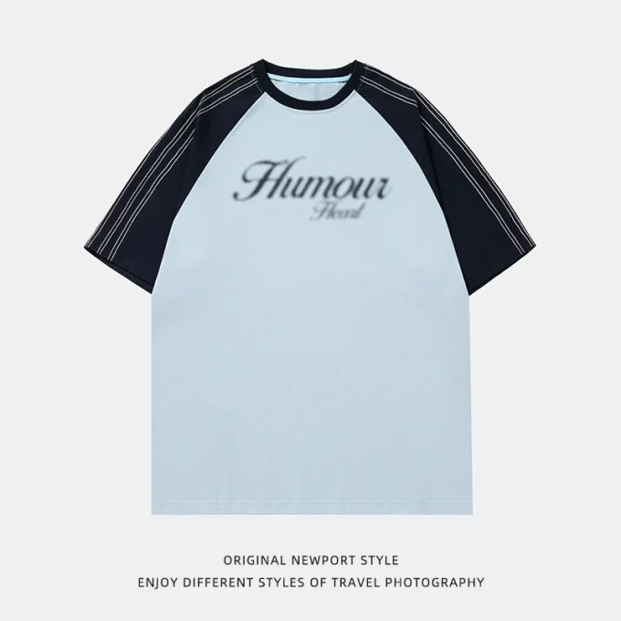 American Retro Color-Block Stitched Raglan Sleeve Short Sleeve T-Shirt for Men Summer Casual Loose New Fuzzy Dot Print 180g