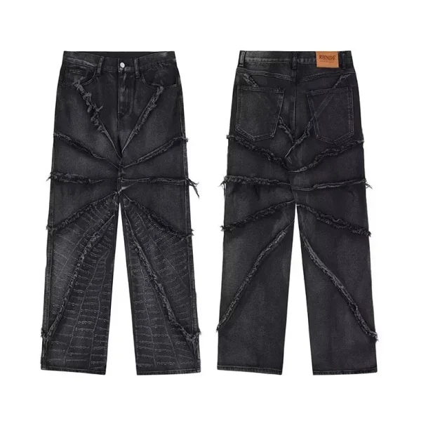 2025 New Arrivals Ruffle Wash Jeans Loose Straight Fringe Baggy Denim Long Black JeansDiZNEW Fashionable Men