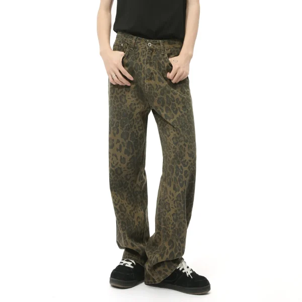 2025 Men's Mid Leopard Print Straight Loose Jeans New Arrival Hip-Hop Street Denim Autumn Fashion Denim - Image 4