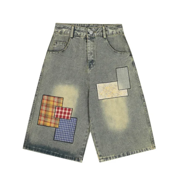 Mdq Embroidered Vintage Wash Distressed Streetwear Vintage Cargo Jean Shorts for Men