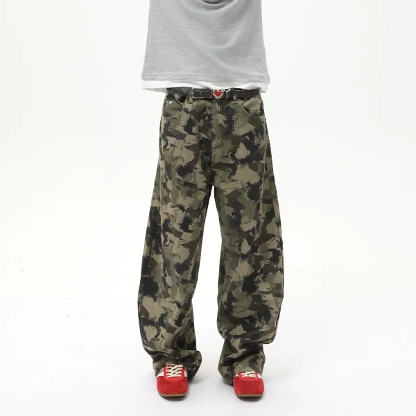 2025 Men's High Quality Camouflage Design Washed Jeans  Wide Leg Mid Waist Straight Style Denim - Image 5